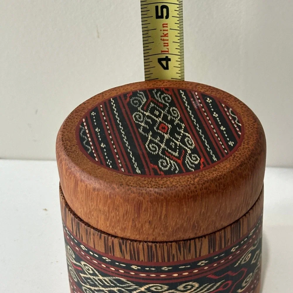 Vintage Wooden Trinket Box Match Holder Ornate Textile Inlay Lid Container‎